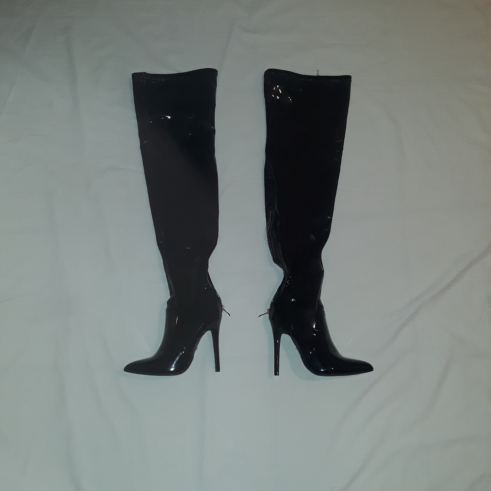 Black glossy thigh high boots